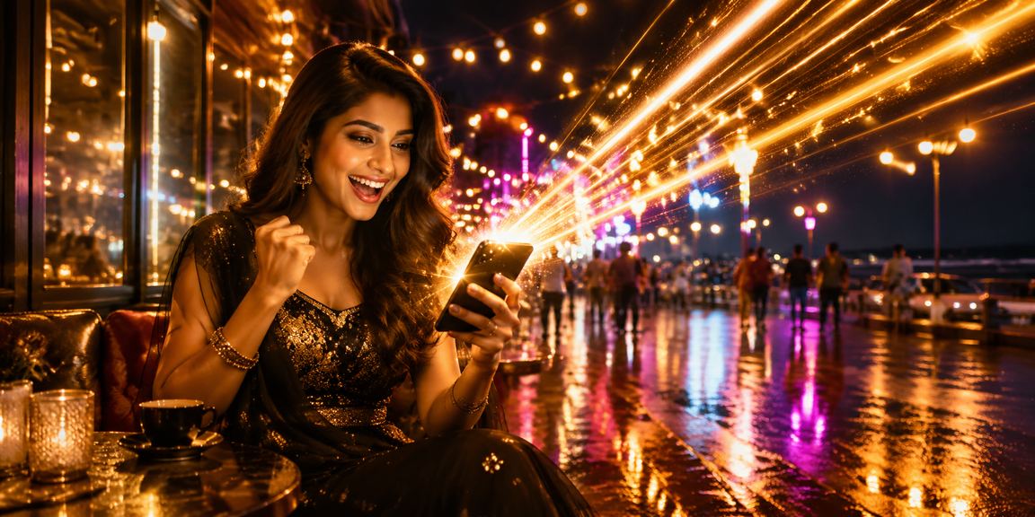 Indian player enjoying Teen Patti on mobile at night market